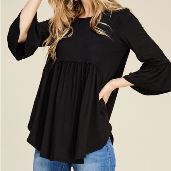 Black 3/4 sleeve baby doll tunic w/ high low sides - Picture 3 of 3